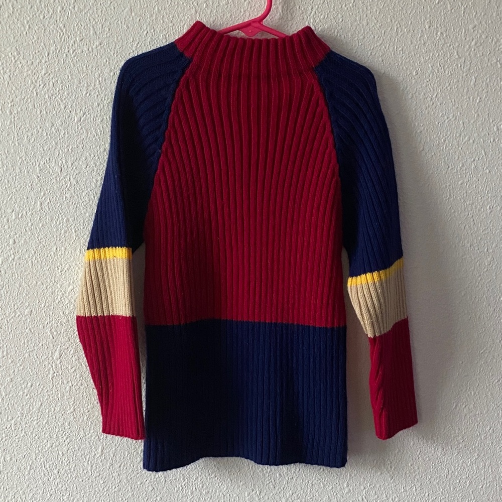 Colorblock Ribbed Cowl-Neck Sweater in Red, Navy & Cream